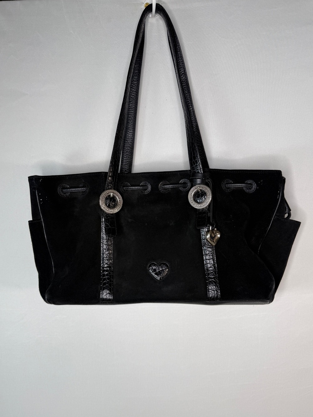Brighton black leather tote bag, heart charm croc embossed work travel purse